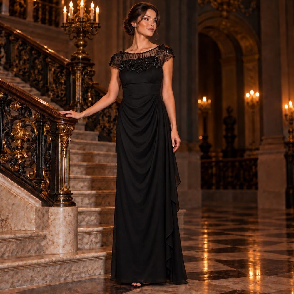 DJ Jaz Black Beaded Illusion Neck Ruched Chiffon Formal Evening Maxi Gown Size 8
